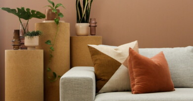 Μπεζ καναπές μπροστά σε καφέ τοίχο